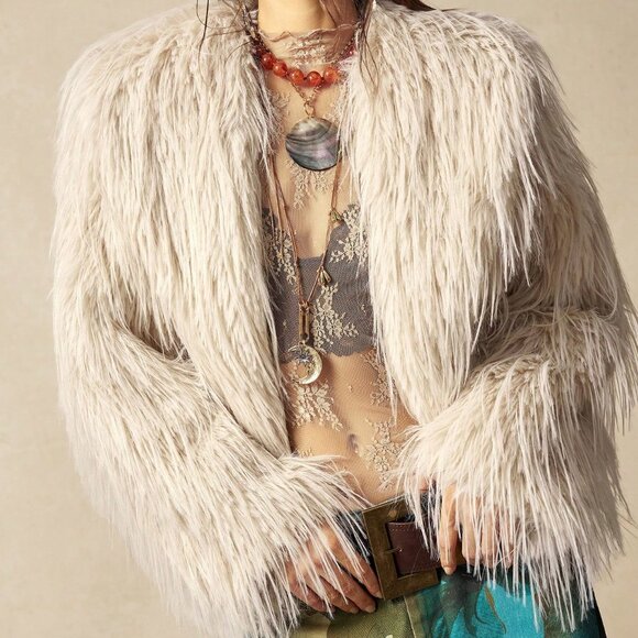 Biege Women's Boho Faux Fur Long Sleeve Jacket - Picture 3 of 10